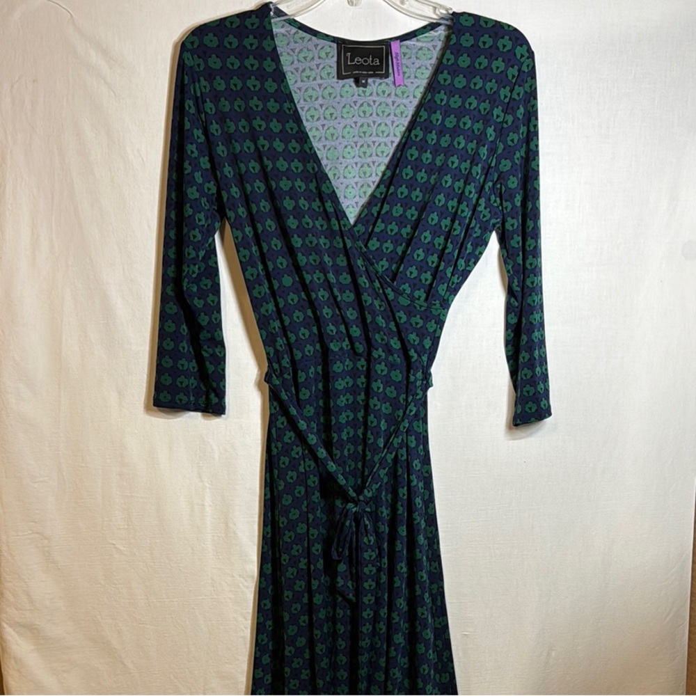 Leota Blue and Green Wrap Dress with Tie Front